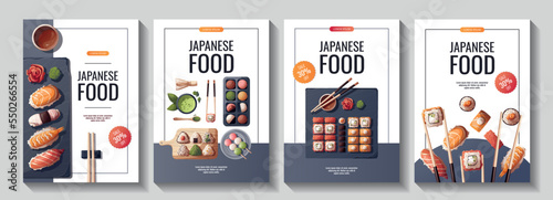 Set of flyers with Sushi, onigiri, dango, mochi, matcha tea. Japanese food, healthy eating, cooking, menu concept. Vector illustration. Banner, promo, flyer, advertising.