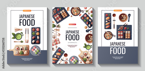Set of flyers with Sushi, Miso soup, ramen, onigiri, dango, mochi, matcha tea. Japanese food, healthy eating, cooking, menu concept. Vector illustration. Banner, promo, flyer, advertising.