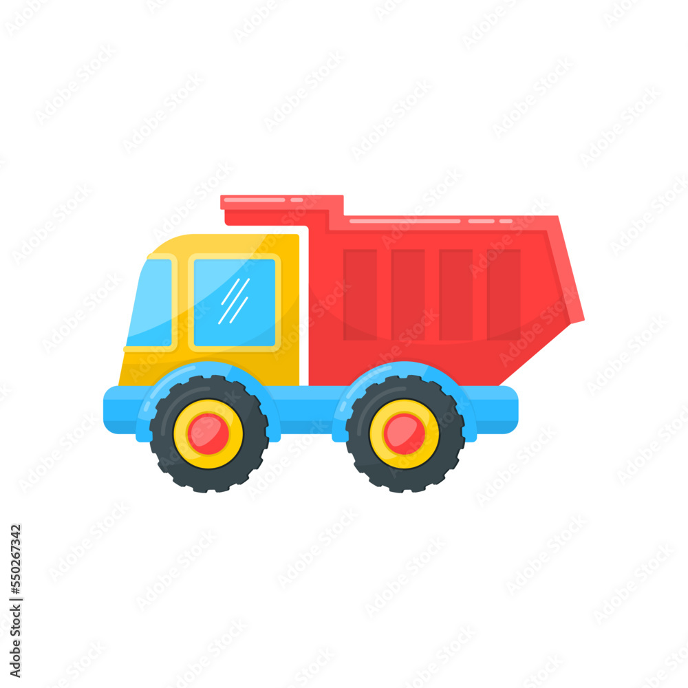 Toy truck isolated on white. Kids toys cartoon illustration. Outdoor activity, recreation, entertainment, development concept Toy truck isolated on white. Kids toys cartoon illustration. Outdoor activity, recreation, entertainment, development concept