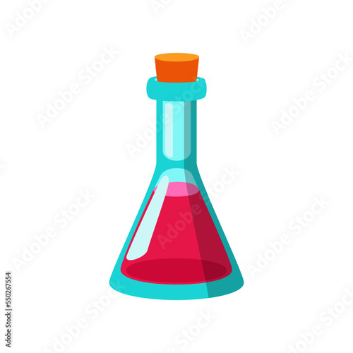 Science lab flask with red liquid vector illustration. Cartoon drawing of laboratory glass bottle for scientific research isolated on white background. Science, chemistry concept