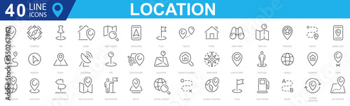 Location icons set. Navigation, location, GPS elements. Containing map, map pin, gps, destination, directions, distance, place, navigation and address icons. Map pointer icons. Location symbols.