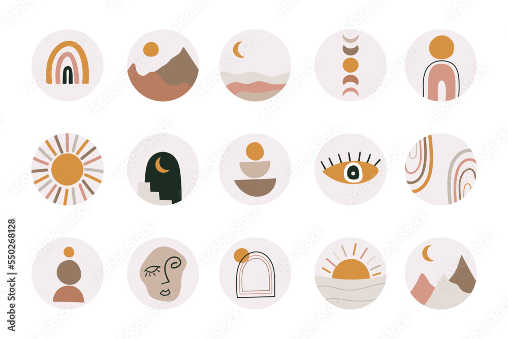 Set of hand drawn vector covers. Abstract backgrounds of mid century social media. Round icons for boho style stories. Sun and moon, arch and rainbow, eye and mountains. Set of hand drawn vector covers. Abstract backgrounds of mid century social media. Round icons for boho style stories. Sun and moon, arch and rainbow, eye and mountains.