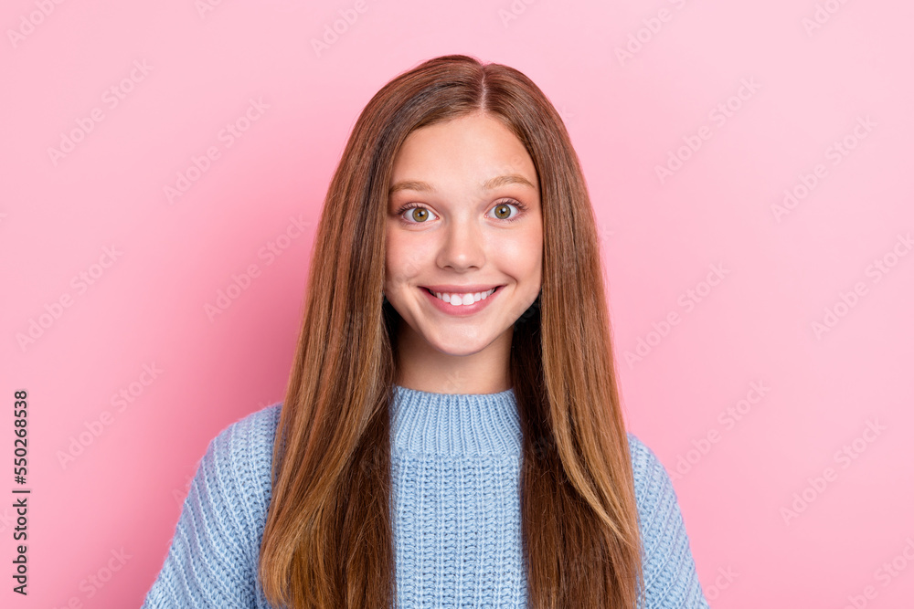 Close up photo of overjoyed cheery lady beaming grin wear blue comfort jumper rejoice holiday isolated on pink color background Close up photo of overjoyed cheery lady beaming grin wear blue comfort jumper rejoice holiday isolated on pink color background