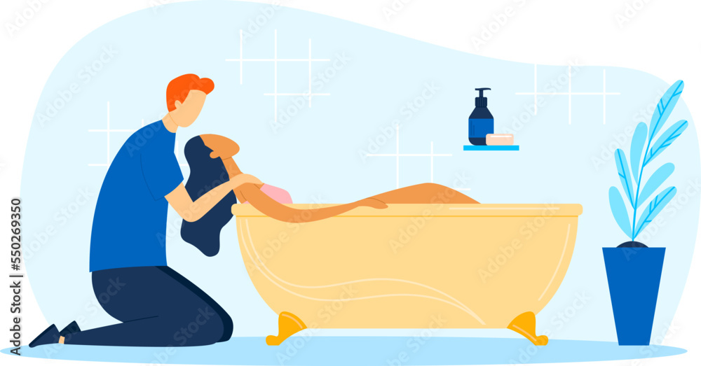 Woman take bath, couple at bathroom together, vector illustration. Man cartoon character near bathtub, romantic relationship.