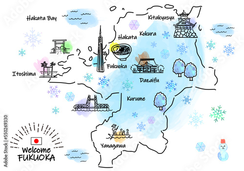 冬の福岡県の観光地のシンプル線画イラストマップ