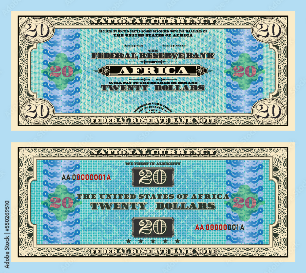 Fototapeta premium Vector fictional African money with a face value of 20 dollars. Obverse and reverse of the banknote with a guilloche frame and a geometric pattern. The United States of Africa