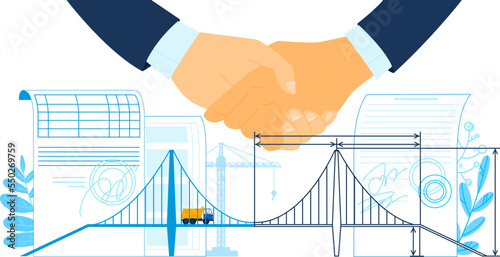 Business partnership and work deal concept, vector illustration. People conclude agreement by handshake, success flat contract.