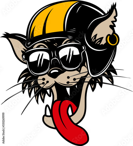 Cartoon cat in racing helmet. Design element for logo, sign, emblem. Vector illustration