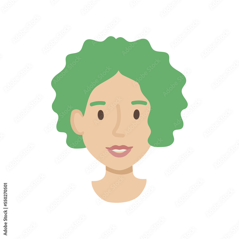 Girl face flat. Friendly young woman with short curly green hair. Hand drawn vector illustration. Girl face flat. Friendly young woman with short curly green hair. Hand drawn vector illustration.