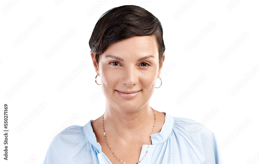 Cropped portrait of an attractive young woman posing in studio against an isolated transparent png background.