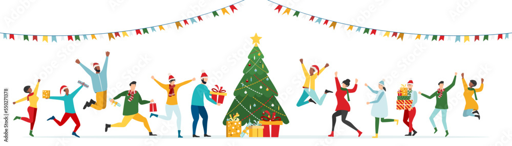 Happy people at a Christmas and New Year's corporate party. Positive men and women dancing and having fun. Set of modern vector characters.