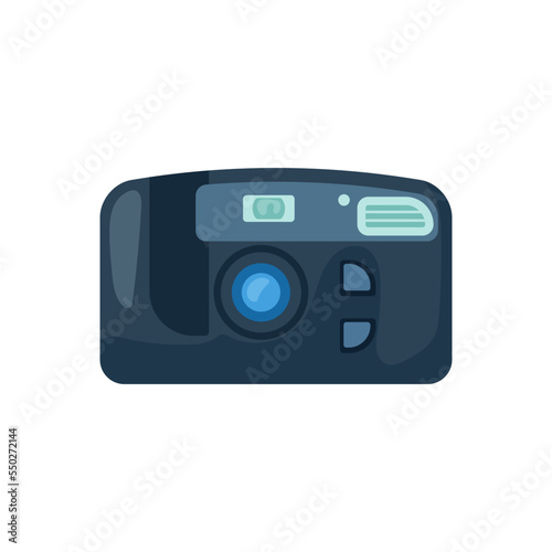 Vintage camera flat vector illustration. Retro electronic device of 80s or 90s, camera isolated on white background. Music, technology concept