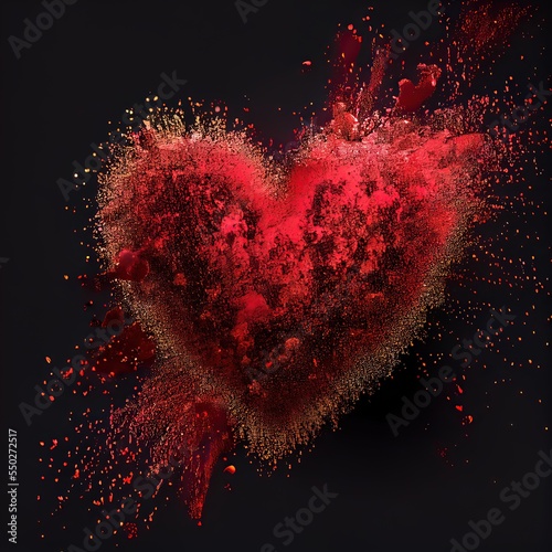 Red exploding heart made from powder on black background. Freeze shape motion of color powder explosion. St. Valentine's Day card creative idea. AI generated image. 