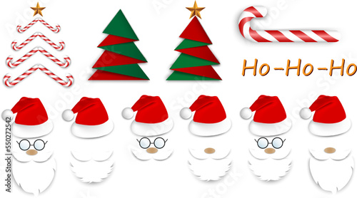 Santa Claus face.Set of realistic santa hats.Christmas Tree.Candy cane. Santa hat,beard,moustache,glasses template . Santa character.Christmas elements.