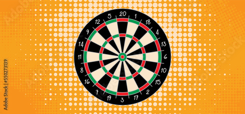 Cartoon dart board symbol. Dartboard icon. color, twenty, black, green or white game board, darts game. Target competition sign. Sports equipment and arrows. Throw single, double, triple or bullseye