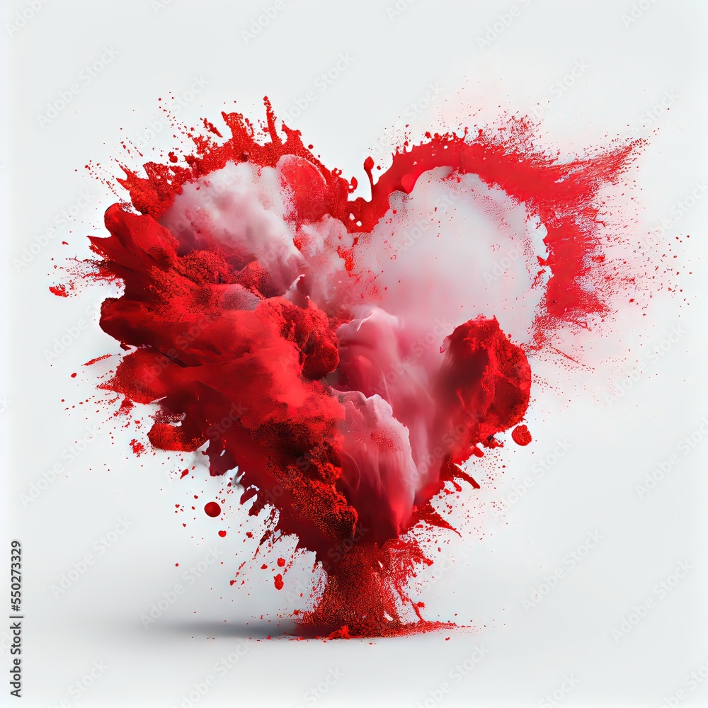 Red exploding heart made from powder on white background. Freeze shape ...