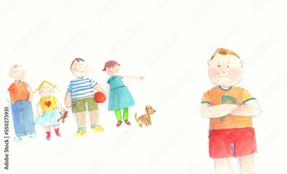 illustration in watercolor and crayons of children mocking on a boy illustration in watercolor and crayons of children mocking on a boy