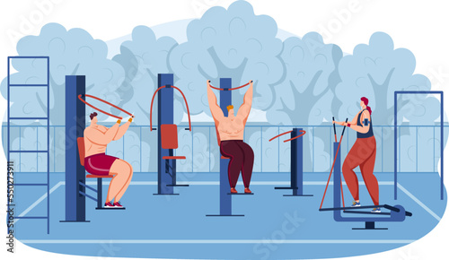 Fitness workout at sport ground, person training outdoor with gym equipment, vector illustration. Doing exercise for healthy strong athletic body.