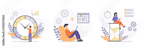 Vector illustration of time management. The concept of time management and organization of the schedule, the successful organization of your tasks and meetings, time and schedule management.