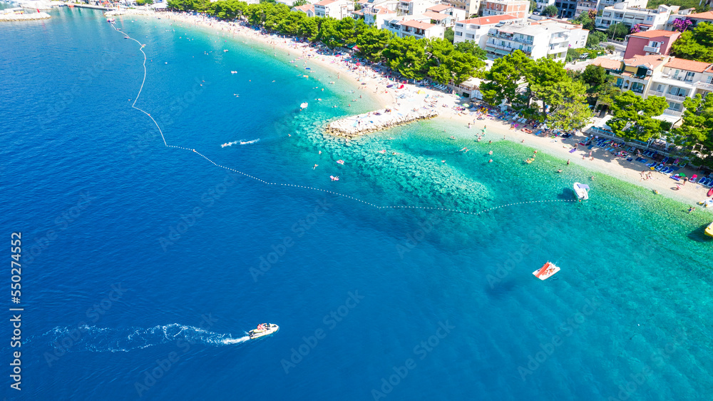 Attractive morning seascape of Adriatic sea. Marvelous summer view of small beach in famous resort - Brela, Croatia, Europe. Beautiful world of Mediterranean countries.