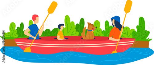 Boat at river nature, cartoon family with child travel by summer lake water, vector illustration. People father mother kid and dog have fun at park
