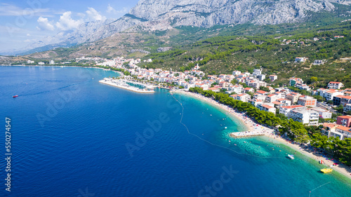 Aerial view of Brela and Punta Rata beach on Makarska riviera, Dalmatia region of Croatia