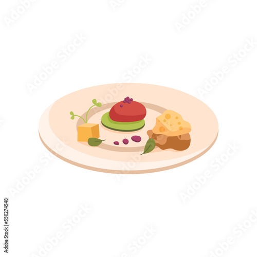 Molecular red and yellow food on plate cartoon illustration. Side view of molecular dish. Scientific approach to cooking. Luxury food  course  gastronomy  chemistry concept