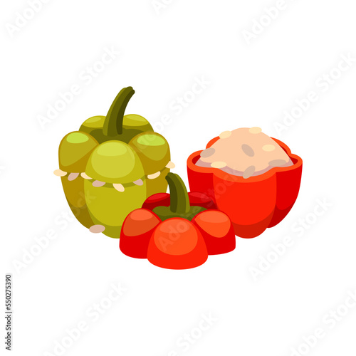 Colorful stuffed peppers cartoon illustration. Turkish traditional cuisine meal from meat and rice isolated on white background. Restaurant, menu, food concept.