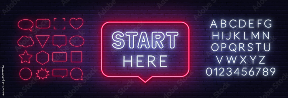 Naklejka premium Start Here neon sign in the speech bubble on brick wall background.