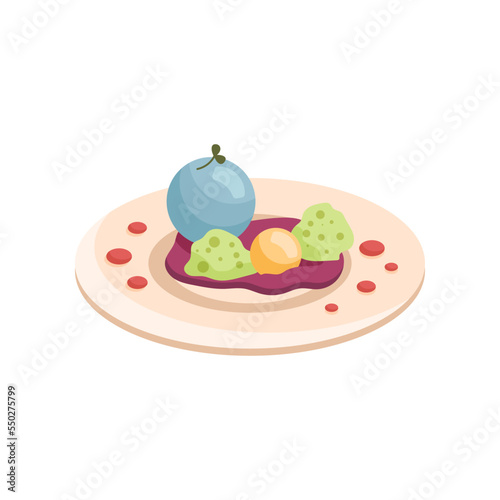 Molecular round blue food on white plate cartoon illustration. Side view of molecular dish. Scientific approach to cooking. Luxury food, course, gastronomy, chemistry concept
