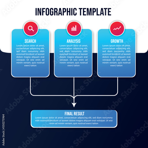 Vector infographic design template with 3 options or steps, Infographic elements data visualization, Vector infographic template with 3D paper label, integrated circles. Business concept with 3 option