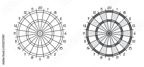 Cartoon dart board symbol. Dartboard icon. color, twenty, black and white game board and darts game. Target competition sign. Sports equipment and arrows. Throw single, double, triple or bullseye