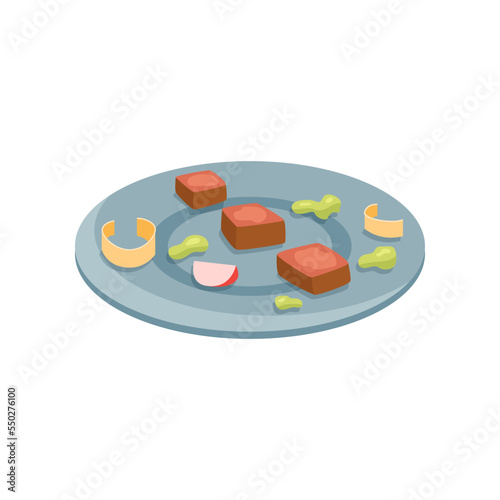 Molecular cubic food on blue plate cartoon illustration. Side view of molecular dish. Scientific approach to cooking. Luxury food, course, gastronomy, chemistry concept
