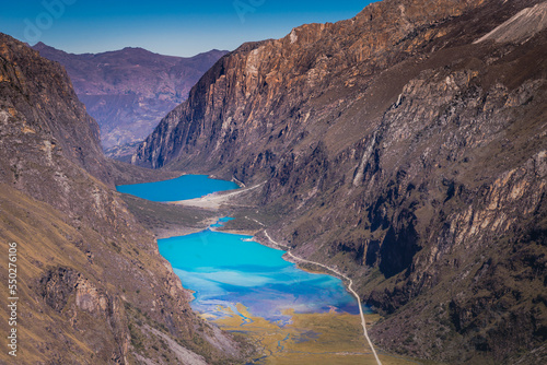 Turquoise Llanganuco lake in Cordillera Blanca, snowcapped Andes, Ancash, Peru
