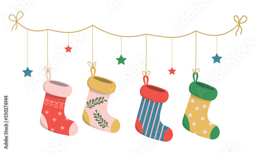 Cartoon Christmas stockings with holiday ornaments. Hanging socks with xmas patterns on rope. Isolated on white background.