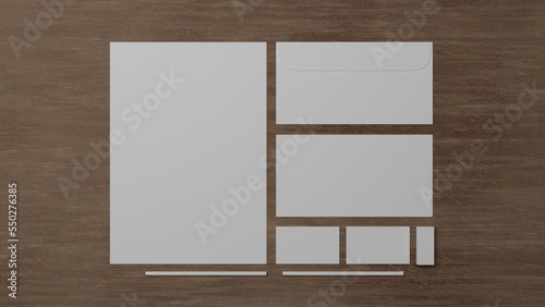 Set of stationery mock up isolated on wood background. Blank stationery mock up. 3D illustration.