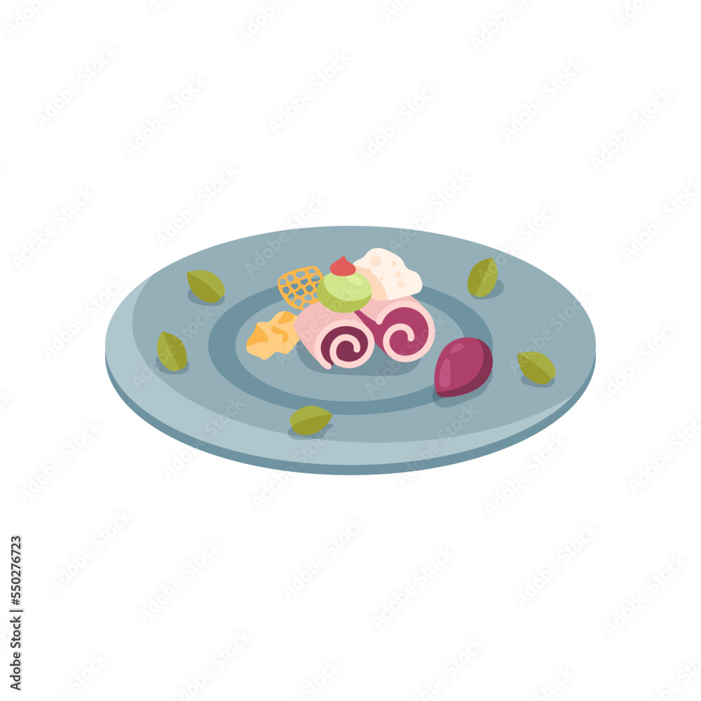 Molecular pink rolls served on plate cartoon illustration. Side view of molecular dish. Scientific approach to cooking. Luxury food, course, gastronomy, chemistry concept Molecular pink rolls served on plate cartoon illustration. Side view of molecular dish. Scientific approach to cooking. Luxury food, course, gastronomy, chemistry concept