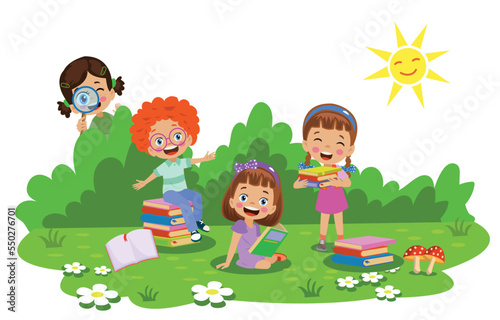 Children working and reading book in the park