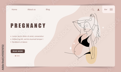 Happy pregnancy landing page template. Website about preparation for childbirth and motherhood. Prenatal period. Linear pregnant woman in black underwear. Vector illustration in minimalistic style.