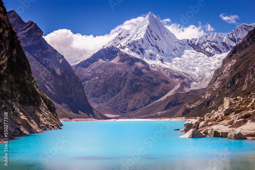 Turquoise Paron lake in Cordillera Blanca, snowcapped Andes, Ancash, Peru