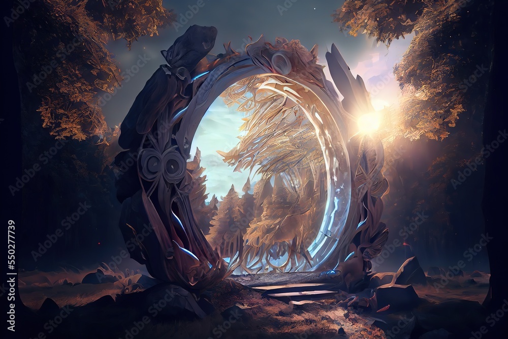 magical portal under an ancient stone arch located in the jungle. Wild forest, ancient stone buildings, cultural monuments, teleportation to parallel universes. 3D rendering magical portal under an ancient stone arch located in the jungle. Wild forest, ancient stone buildings, cultural monuments, teleportation to parallel universes. 3D rendering