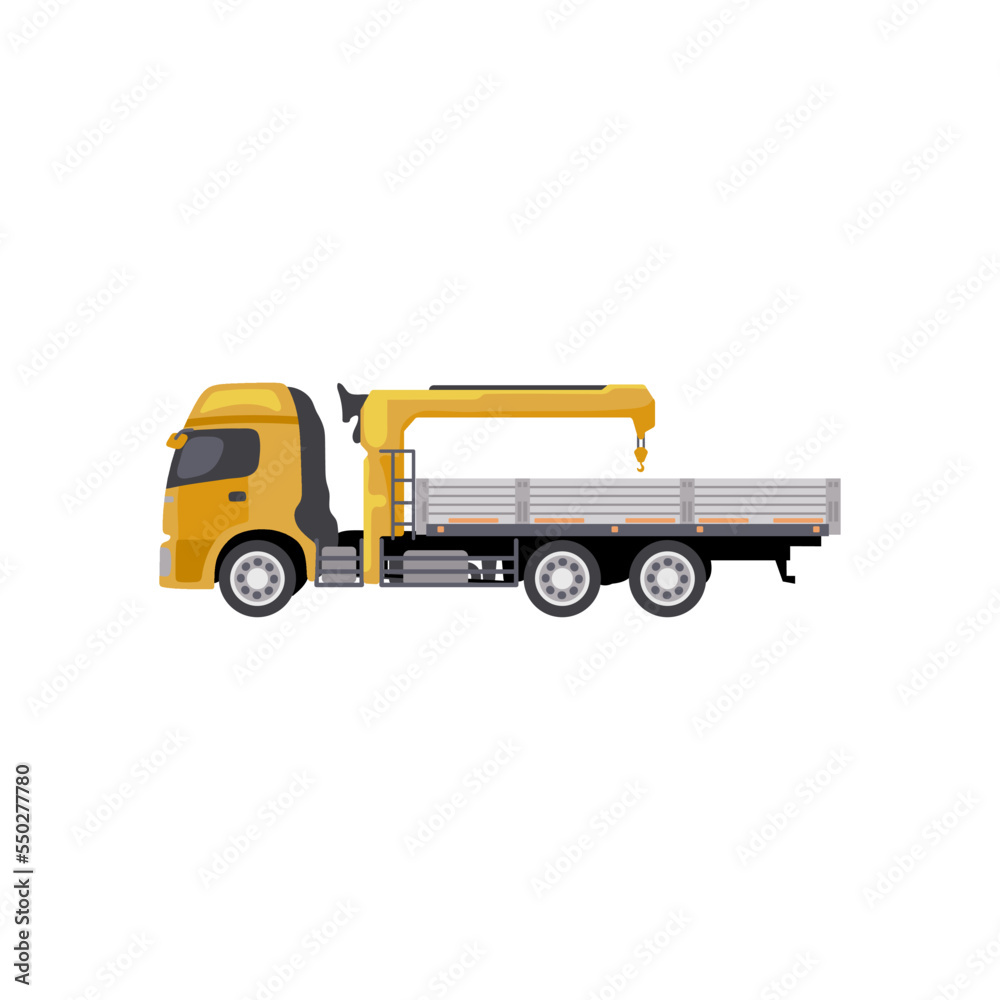 Cargo truck with crane flat vector illustration. Drawing or design of cargo vehicle for infographic isolated on white background. Transport, transportation, delivery concept.