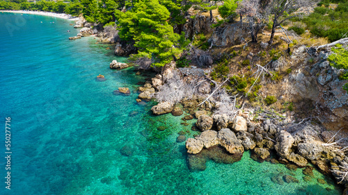 Attractive morning seascape of Adriatic sea. Marvelous summer view of small beach in famous resort - Brela  Croatia  Europe. Beautiful world of Mediterranean countries.