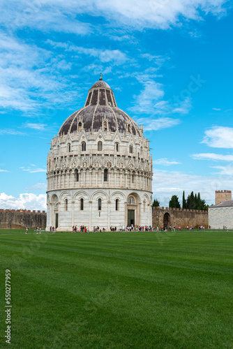 The Square of Miracles or Piazza dei Miracoli in Pisa with the Leaning Tower of Pisa, the Cathedral and Baptistery - Pisa, Italy.