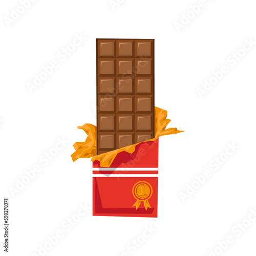 Big chocolate bar in golden package cartoon illustration. Sweet chocolate dessert for gift or lunch isolated on white background. Restaurant, nutrition concept.