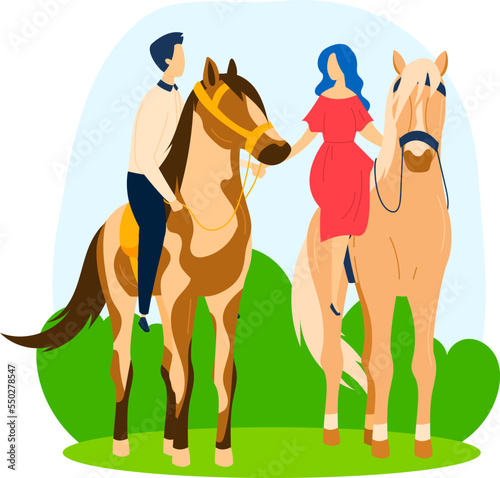 People couple at two horses  love walk at animal  vector illustration. Young male female person at saddle  riding at nature landscape.