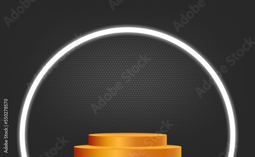 Black background with luxury golden podium stand and memya circle lines