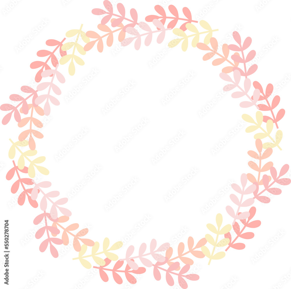 円形のフレーム　丸い葉のリース　ピンク