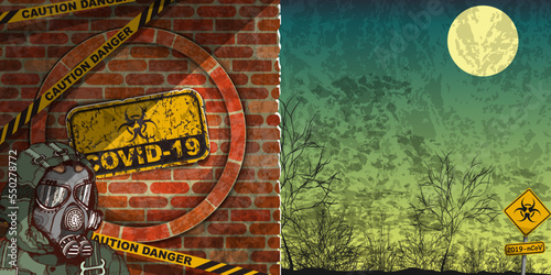 Brick wall with a COVID-19 sign and a man in a gas mask in the foreground. Behind the wall is an apocalyptic landscape. Vector illustration