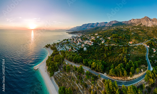 Romantic morning seascape of Adriatic sea. Colorful summer view of small beach in famous resort - Brela, Makarska, Tucepi, Podgora Croatia, Europe. Beautiful world of Mediterranean countries.